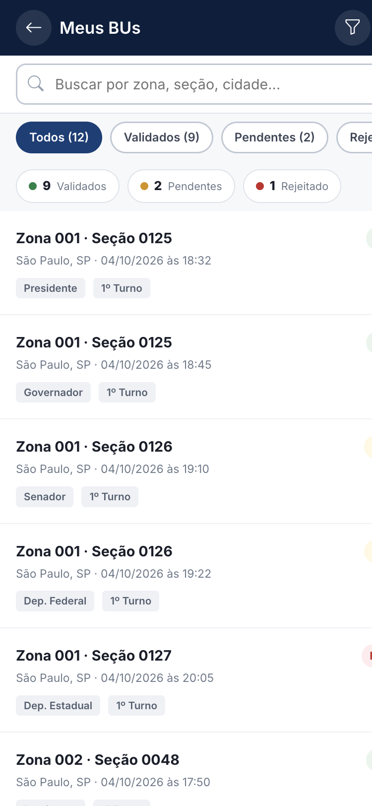 Tela de hist&oacute;rico de BUs enviados